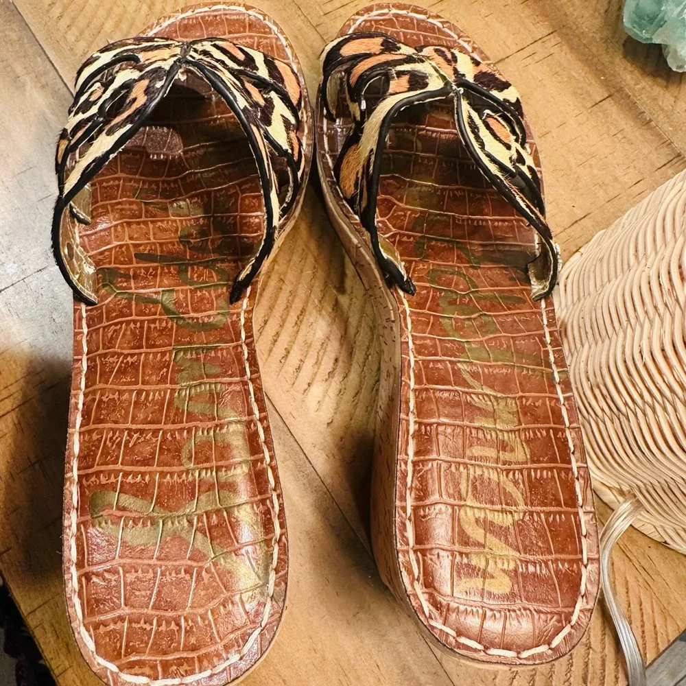 Sam Edelman Regis Leather Leopard Print Calf Hair Wedge Sandal Size 7.5
